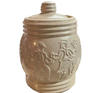 Red Wing Crock Cookie Jar Dancing Peasants Cream Natural Stoneware Vintage 1940s